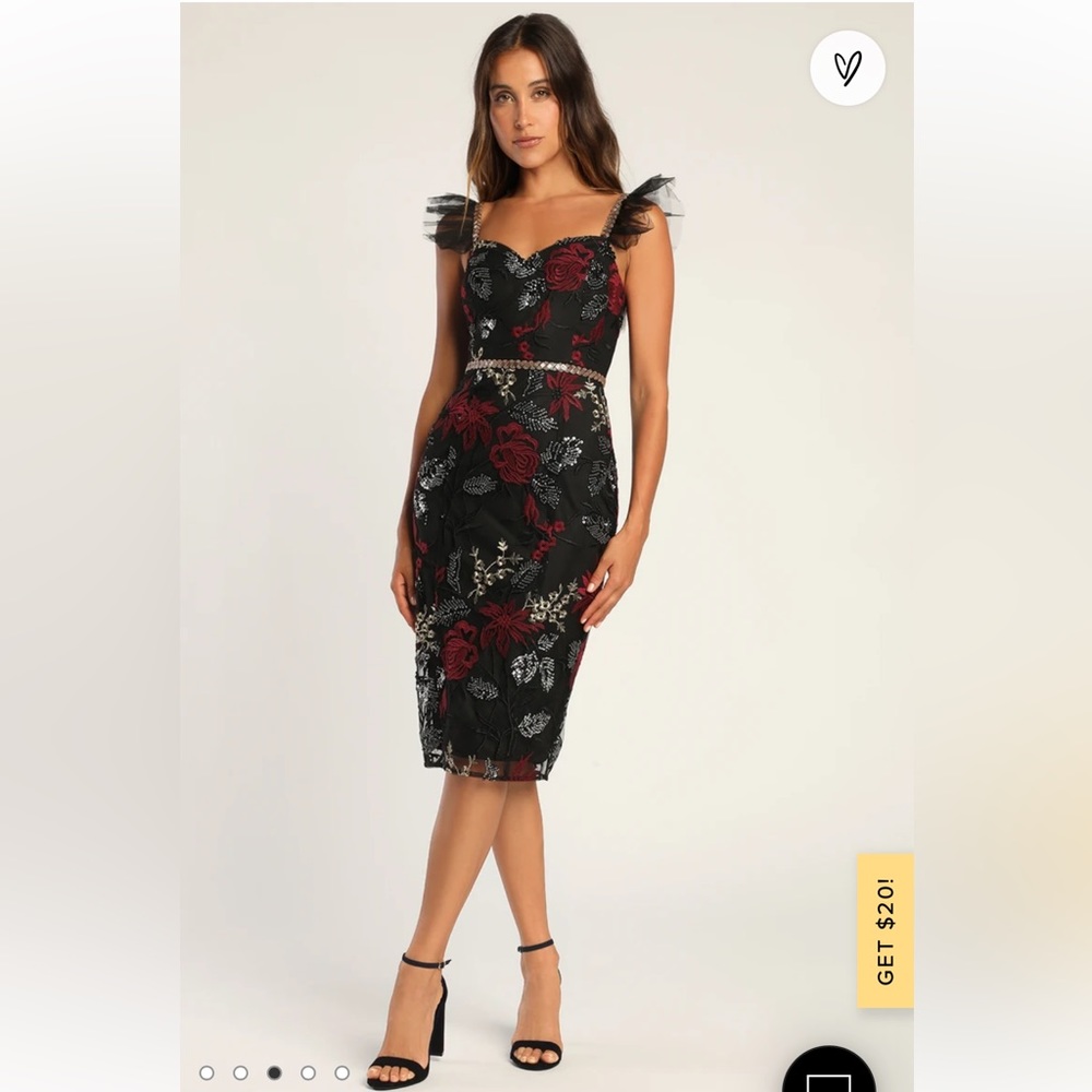 NWT Show Stopper Black Embroidered Sequin Bodycon Midi Dress Sz S